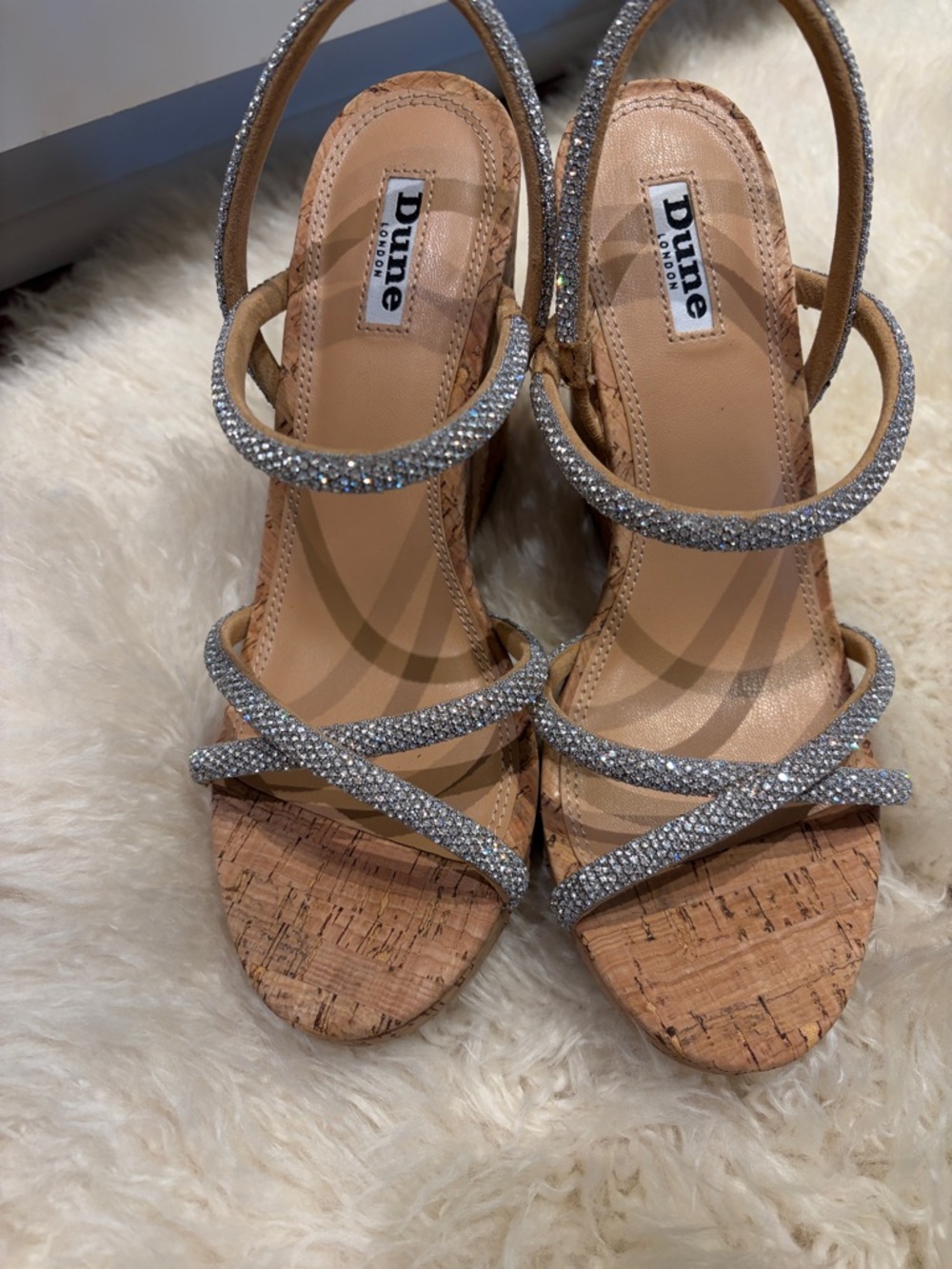 Dune London Silver Rhinestone Cork-Strap Heels Size 38